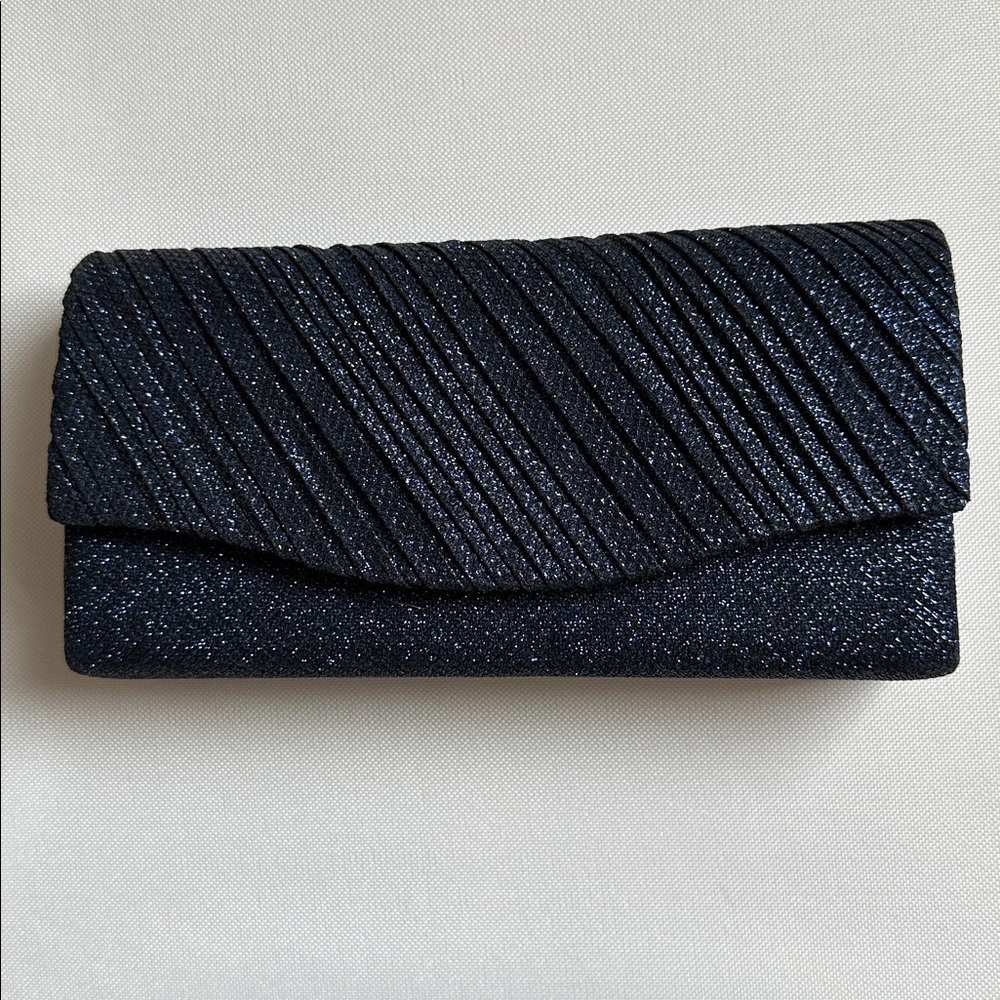 Evening formal clutch bag navy blue sparkle fabric covered snap closure